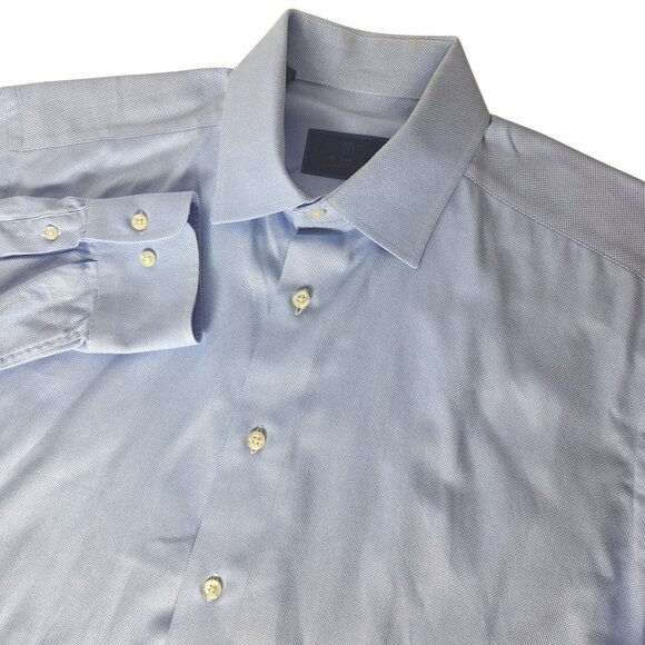 David Donahue Dress Shirt Blue Micro Houndstooth Check Cotton Preppy 16  34/35